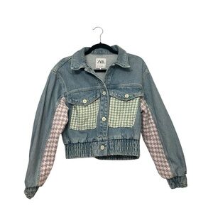 ZARA Denim Patchwork Tweed Jean Jacket (Flower Buttons)